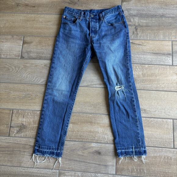 Levi's 501 Men Size 27 Jeans Distressed Button Fly Denim Raw Edge Cropped - Picture 1 of 16